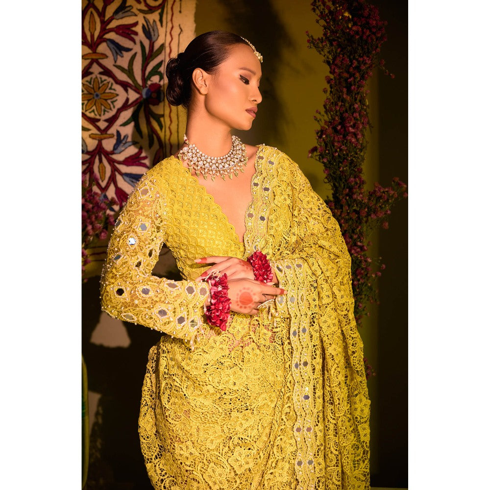 Aishwarya Tyagi Yellow Varda Mirror Work Saree with Stitched Blouse
