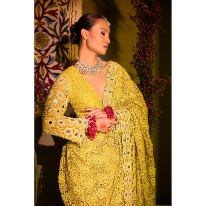 Aishwarya Tyagi Yellow Varda Mirror Work Saree with Stitched Blouse