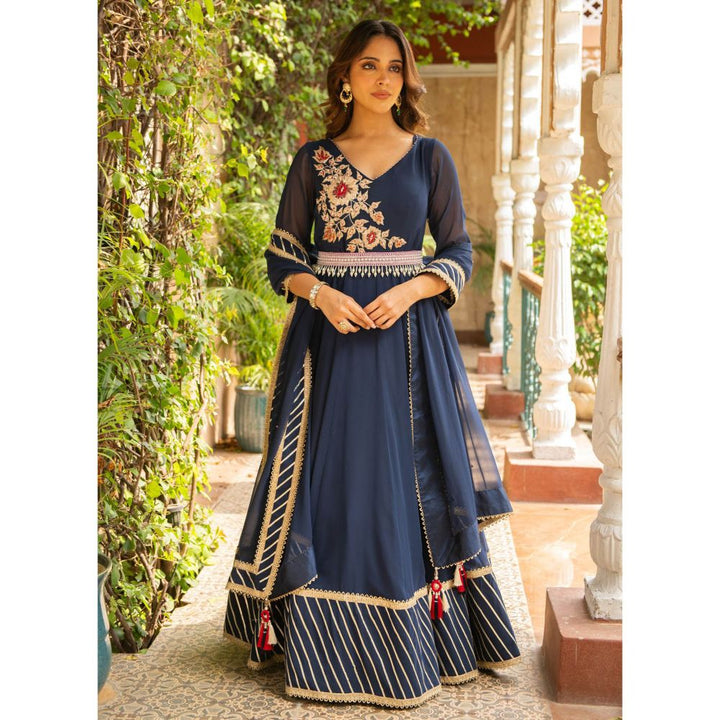 Ajiesh Oberoi Anjum Navy Blue Anarkali Kurta and Churidar with Dupatta (Set of 3)