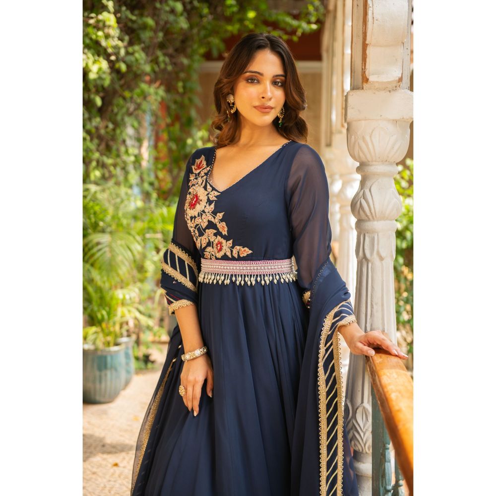 Ajiesh Oberoi Anjum Navy Blue Anarkali Kurta and Churidar with Dupatta (Set of 3)