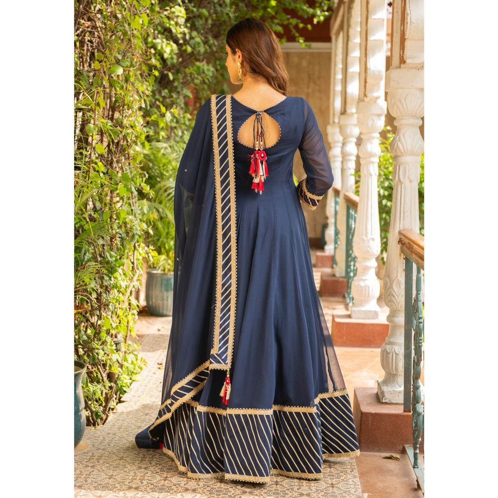 Ajiesh Oberoi Anjum Navy Blue Anarkali Kurta and Churidar with Dupatta (Set of 3)