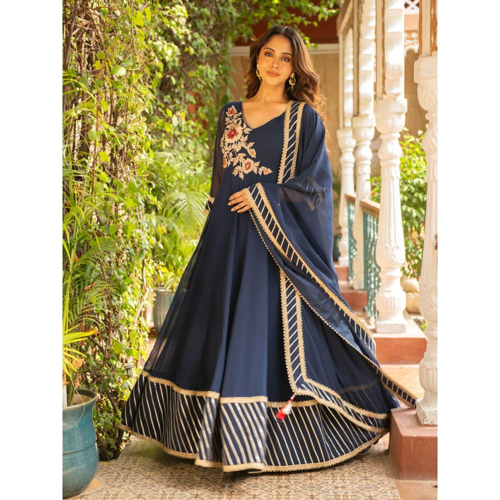 Ajiesh Oberoi Anjum Navy Blue Anarkali Kurta and Churidar with Dupatta (Set of 3)