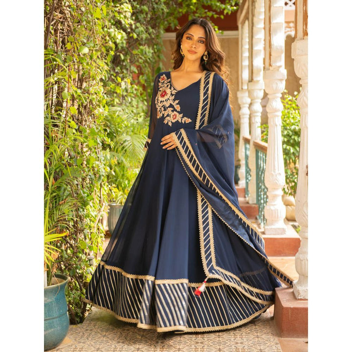 Ajiesh Oberoi Anjum Navy Blue Anarkali Kurta and Churidar with Dupatta (Set of 3)