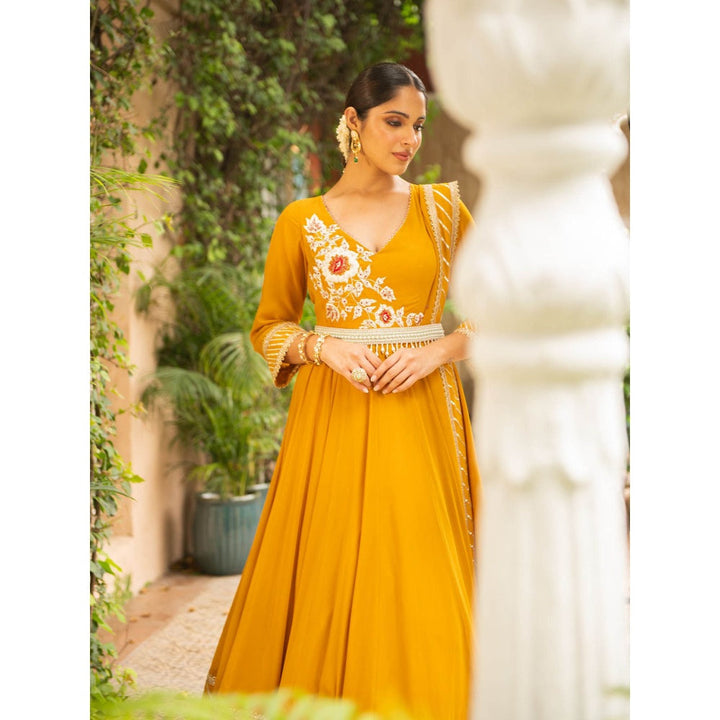 Ajiesh Oberoi Anjum Mustard Anarkali Kurta and Churidar with Dupatta (Set of 3)