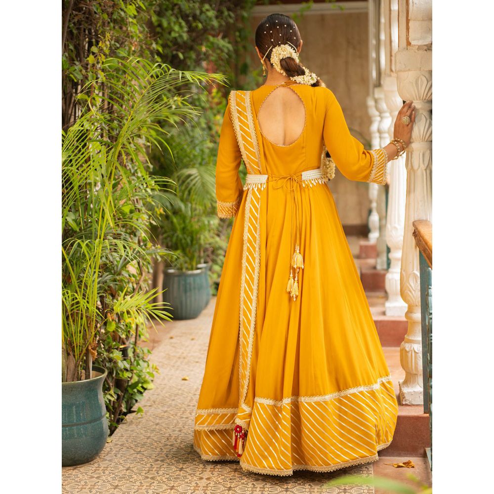 Ajiesh Oberoi Anjum Mustard Anarkali Kurta and Churidar with Dupatta (Set of 3)