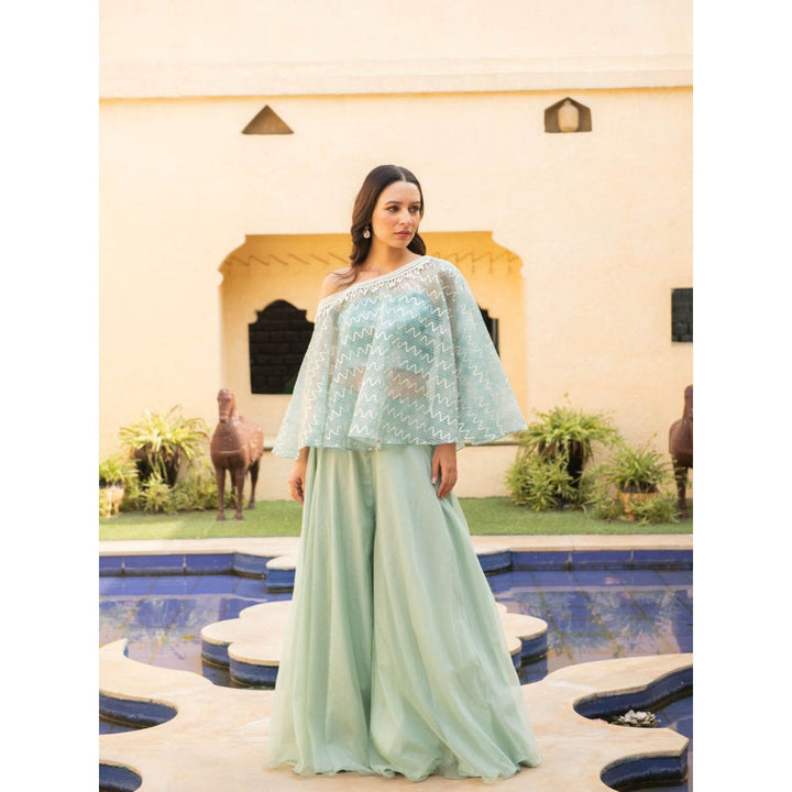 Ajiesh Oberoi Diya Sea Green Top and Sharara with Bustier (Set of 3)