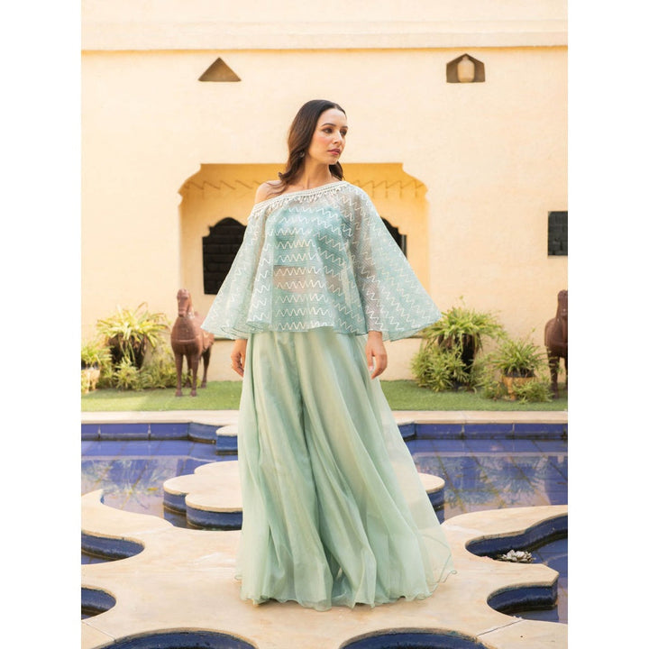 Ajiesh Oberoi Diya Sea Green Top and Sharara with Bustier (Set of 3)