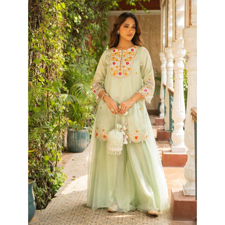 Ajiesh Oberoi Gehna Sea Green Short Kurta and Sharara with Dupatta (Set of 3)