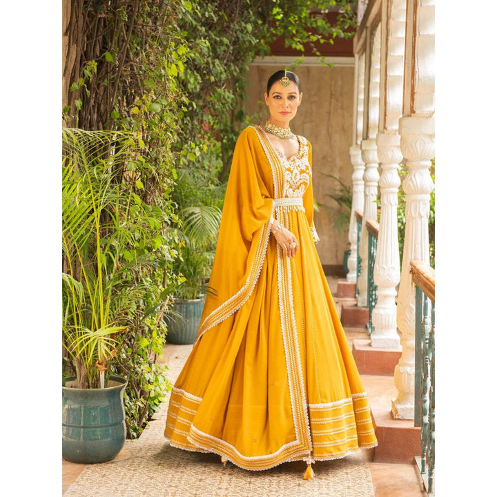 Ajiesh Oberoi Hasrat Mustard Anarkali Kurta- Churidar with Dupatta (Set of 3)