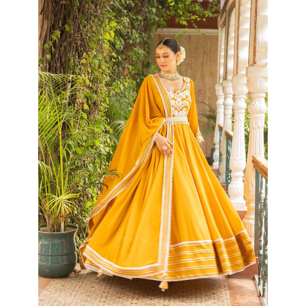 Ajiesh Oberoi Hasrat Mustard Anarkali Kurta- Churidar with Dupatta (Set of 3)