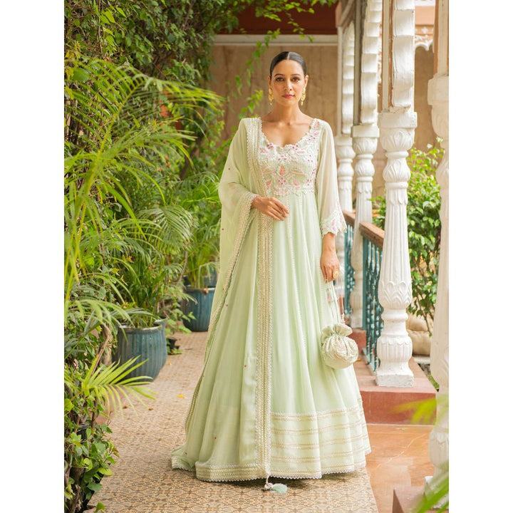 Ajiesh Oberoi Hasrat Sea Green Anarkali Kurta and Churidar with Dupatta (Set of 3)