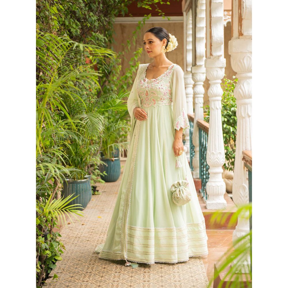 Ajiesh Oberoi Hasrat Sea Green Anarkali Kurta and Churidar with Dupatta (Set of 3)