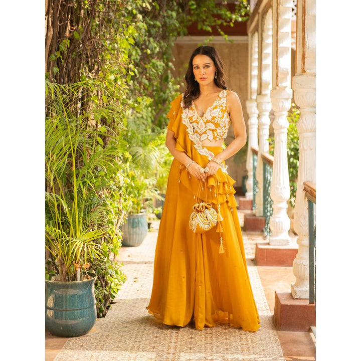 Ajiesh Oberoi Jhalak Mustard Blouse - Sharara with Ruffle Drape (Set of 3)