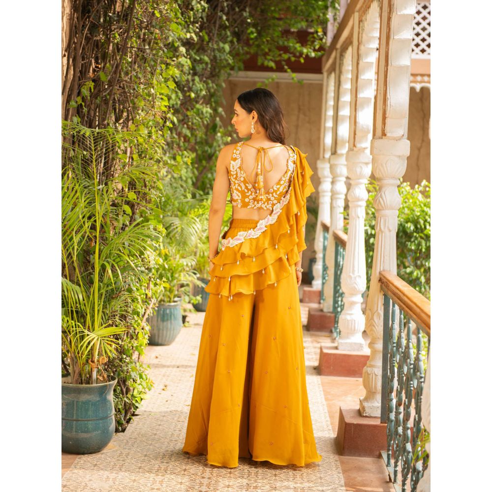 Ajiesh Oberoi Jhalak Mustard Blouse - Sharara with Ruffle Drape (Set of 3)