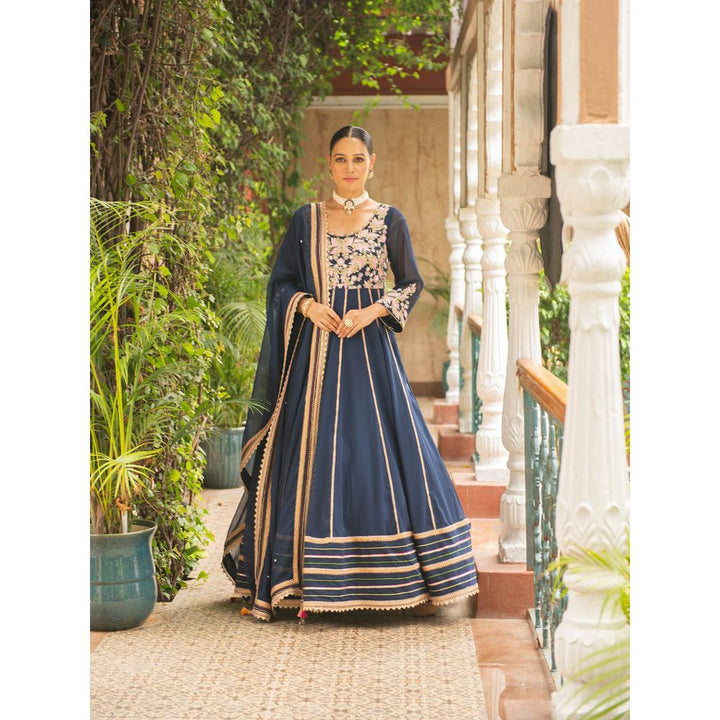 Ajiesh Oberoi Khoobsurat Navy Blue Anarkali Kurta - Churidar and Dupatta (Set of 3)