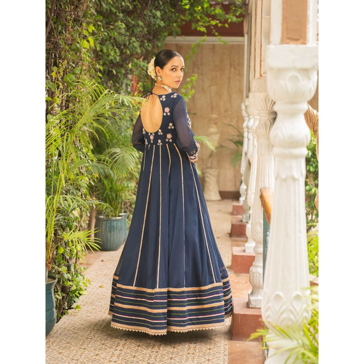 Ajiesh Oberoi Khoobsurat Navy Blue Anarkali Kurta - Churidar and Dupatta (Set of 3)