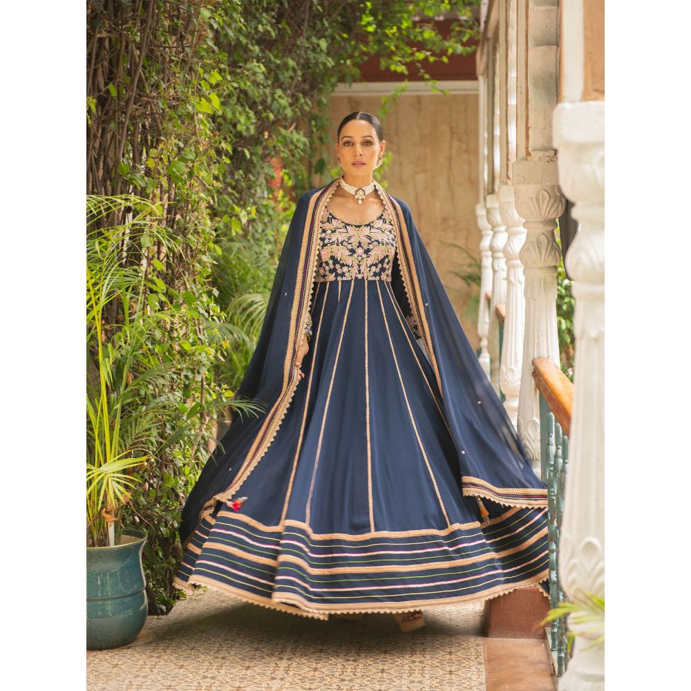 Ajiesh Oberoi Khoobsurat Navy Blue Anarkali Kurta - Churidar and Dupatta (Set of 3)