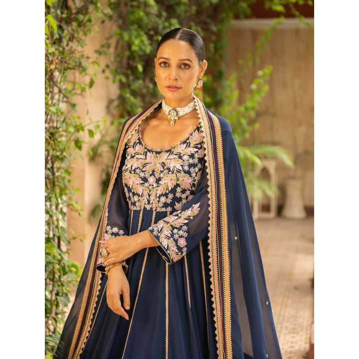 Ajiesh Oberoi Khoobsurat Navy Blue Anarkali Kurta - Churidar and Dupatta (Set of 3)