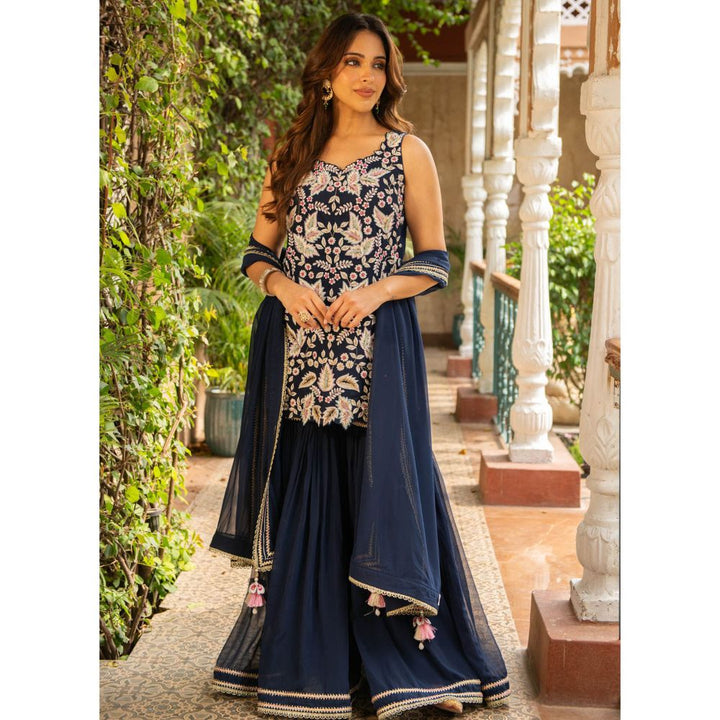 Ajiesh Oberoi Khwaab Navy Blue Straight Kurta and Gharara with Dupatta (Set of 3)