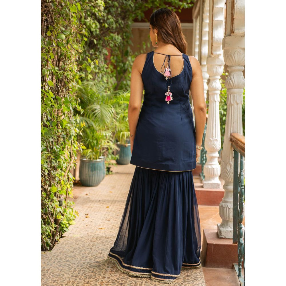 Ajiesh Oberoi Khwaab Navy Blue Straight Kurta and Gharara with Dupatta (Set of 3)