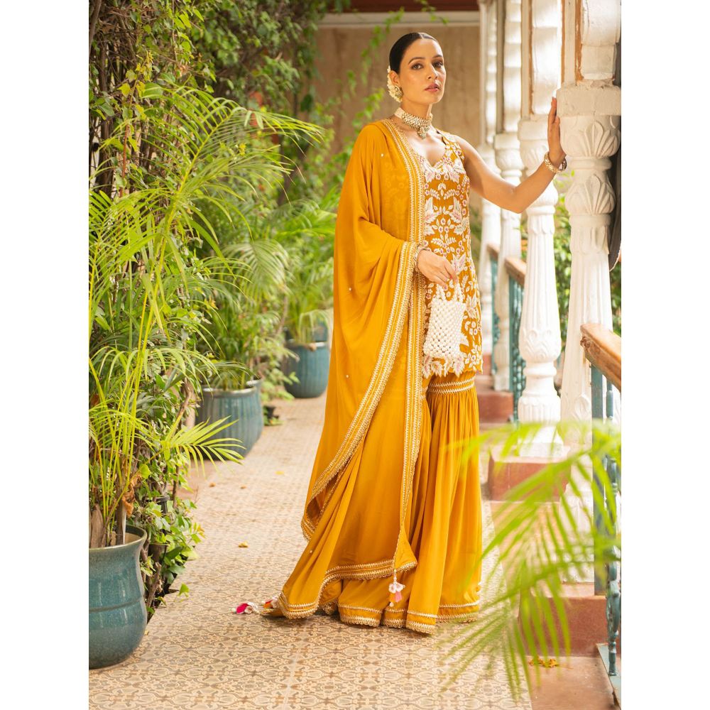 Ajiesh Oberoi Khwaab Mustard Straight Kurta and Gharara with Dupatta (Set of 3)