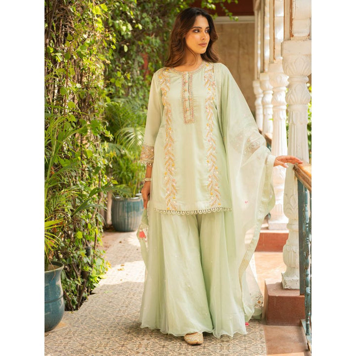 Ajiesh Oberoi Kriti Sea Green Straight Short Kurta and Sharara with Dupatta (Set of 3)