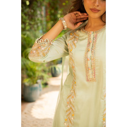 Ajiesh Oberoi Kriti Sea Green Straight Short Kurta and Sharara with Dupatta (Set of 3)