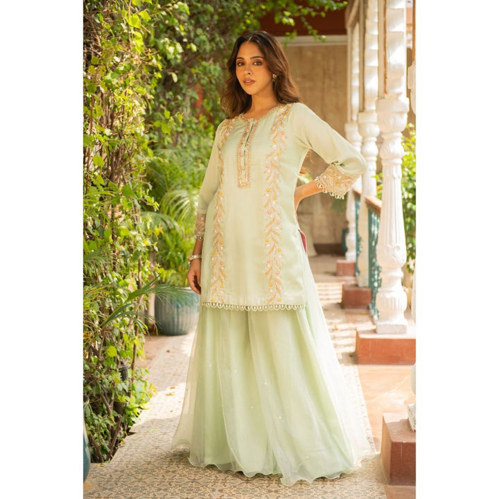 Ajiesh Oberoi Kriti Sea Green Straight Short Kurta and Sharara with Dupatta (Set of 3)