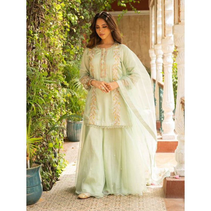 Ajiesh Oberoi Kriti Sea Green Straight Short Kurta and Sharara with Dupatta (Set of 3)