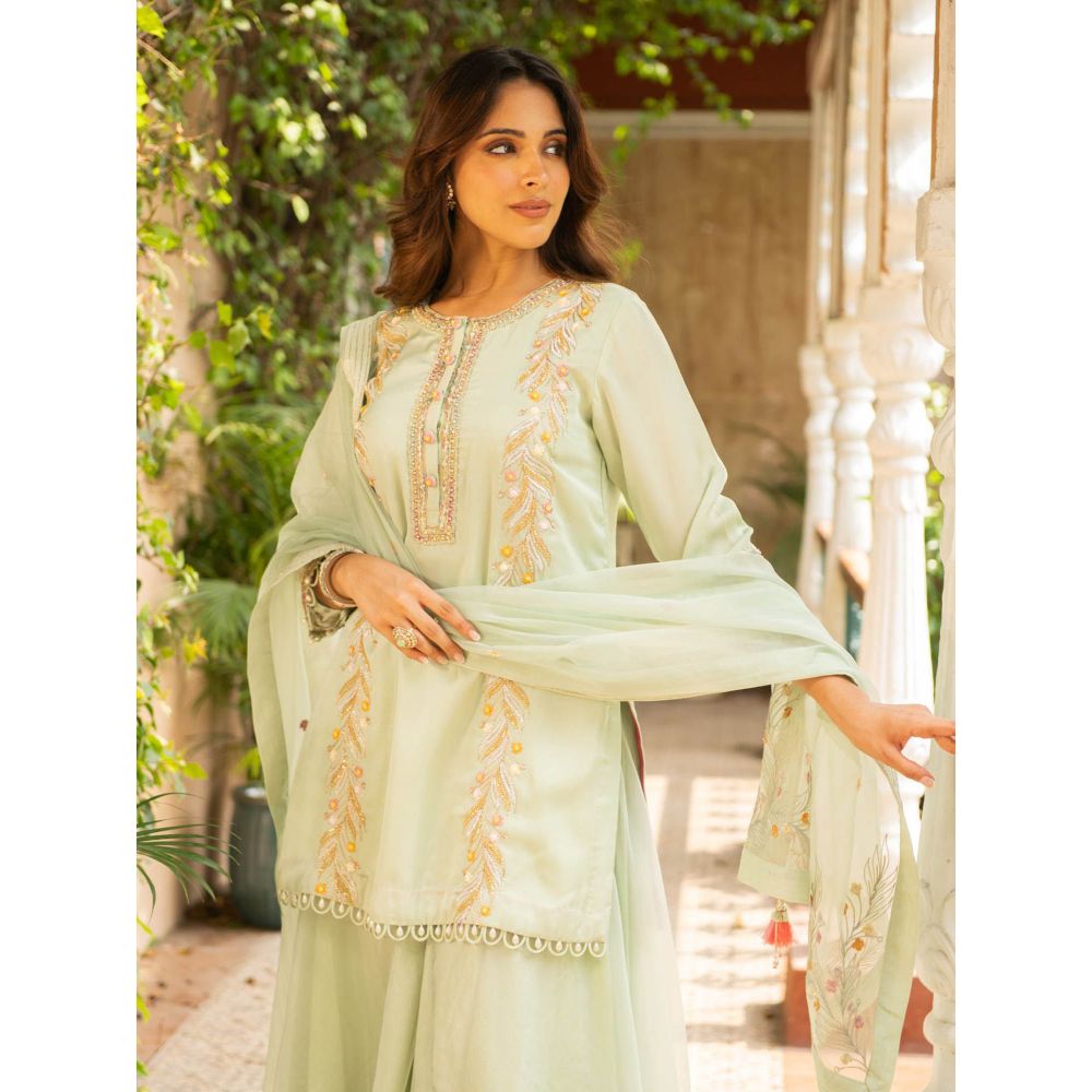 Ajiesh Oberoi Kriti Sea Green Straight Short Kurta and Sharara with Dupatta (Set of 3)