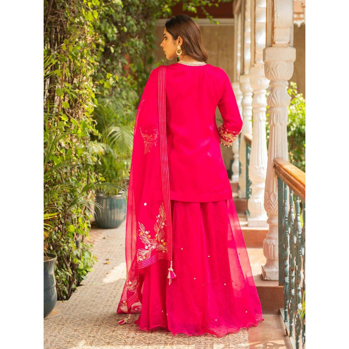 Ajiesh Oberoi Kriti Rani Pink Straight Short Kurta and Sharara with Dupatta (Set of 3)