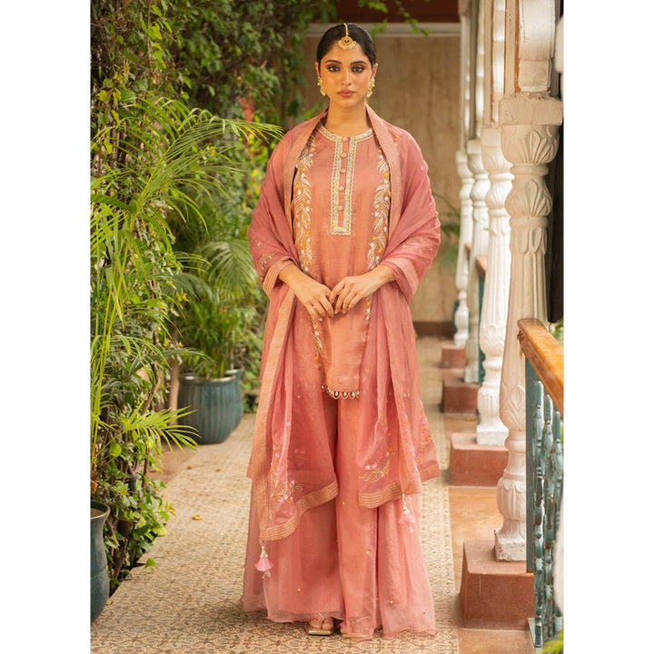 Ajiesh Oberoi Kriti Old Rose Straight Short Kurta and Sharara with Dupatta (Set of 3)