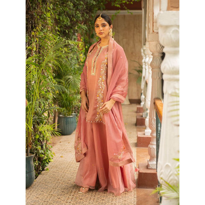 Ajiesh Oberoi Kriti Old Rose Straight Short Kurta and Sharara with Dupatta (Set of 3)