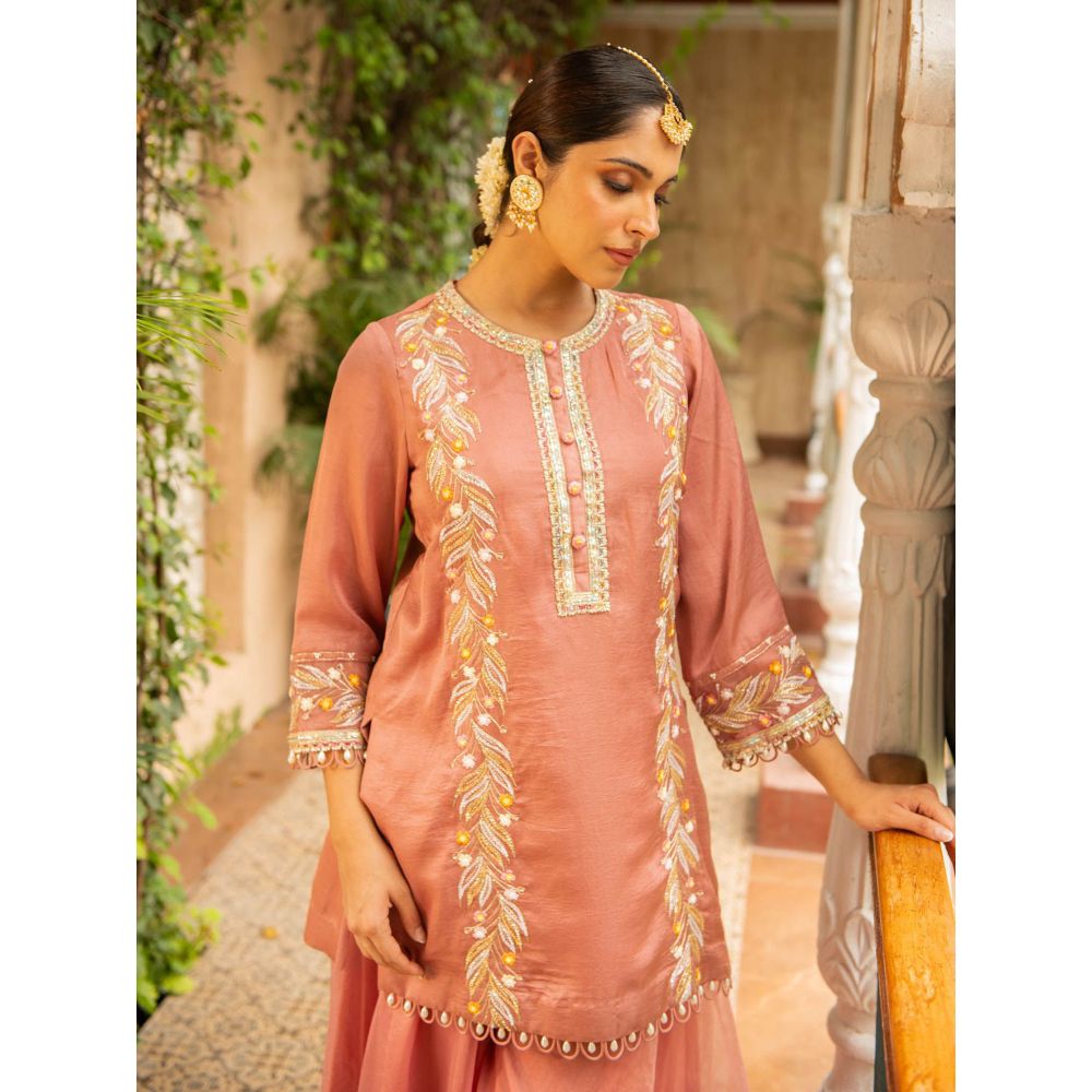 Ajiesh Oberoi Kriti Old Rose Straight Short Kurta and Sharara with Dupatta (Set of 3)