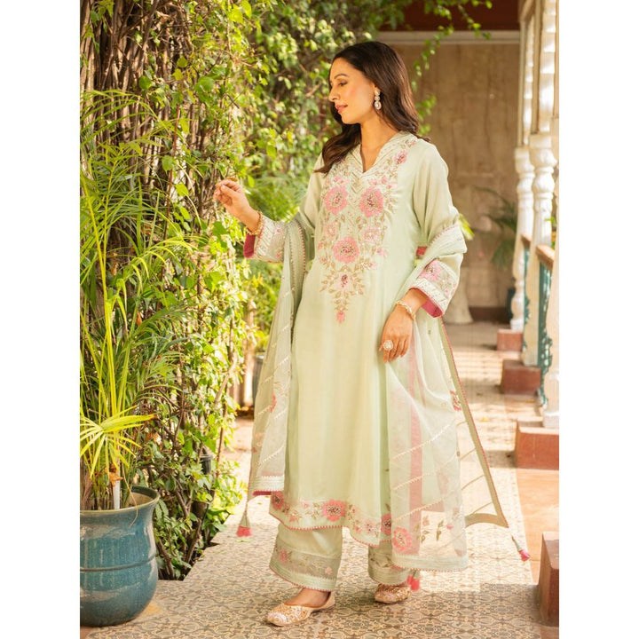 Ajiesh Oberoi Manya Sea Green Kurta and Palazzo with Dupatta (Set of 3)