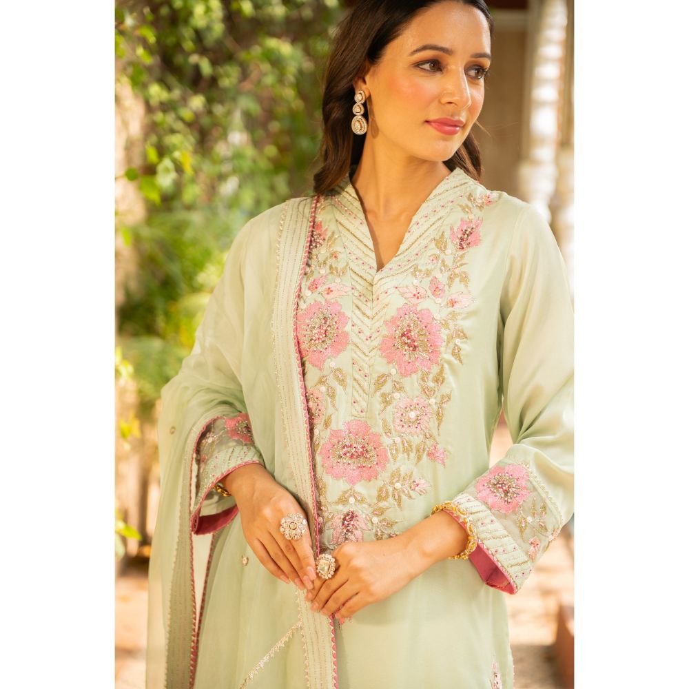 Ajiesh Oberoi Manya Sea Green Kurta and Palazzo with Dupatta (Set of 3)