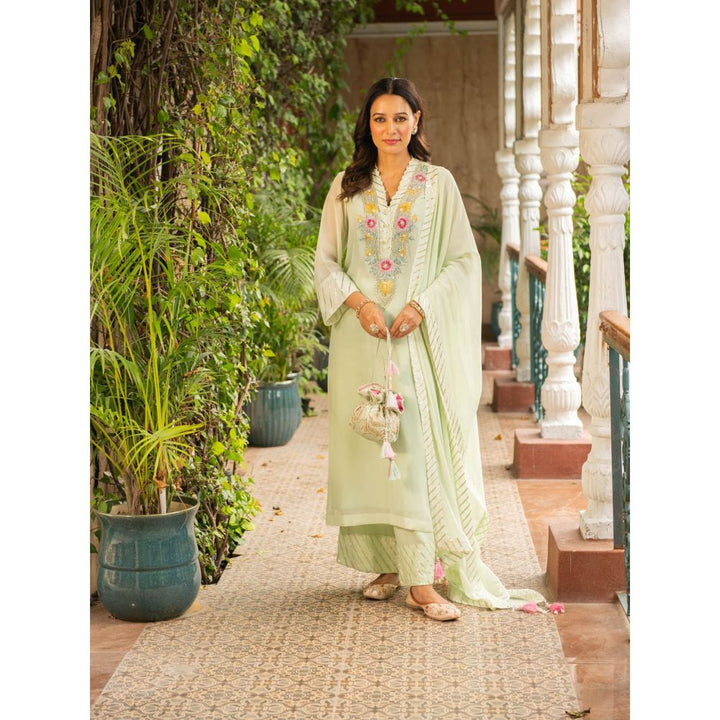 Ajiesh Oberoi Mehek Sea Green Kurta and Palazzo with Dupatta (Set of 3)