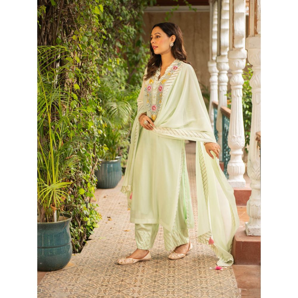 Ajiesh Oberoi Mehek Sea Green Kurta and Palazzo with Dupatta (Set of 3)