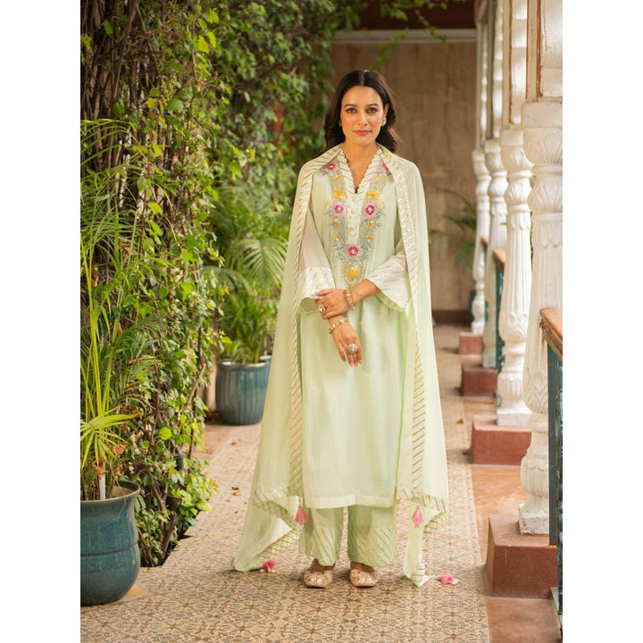 Ajiesh Oberoi Mehek Sea Green Kurta and Palazzo with Dupatta (Set of 3)