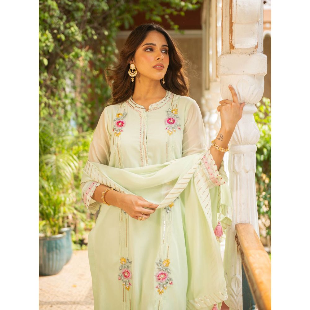 Ajiesh Oberoi Puja Sea Green Kurta and Palazzo with Dupatta (Set of 3)