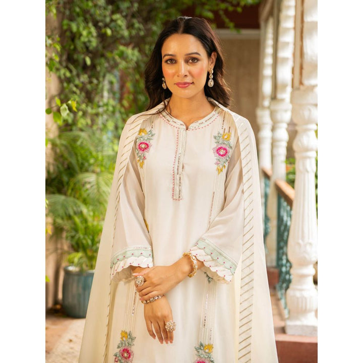 Ajiesh Oberoi Puja Ivory Kurta and Palazzo with Dupatta (Set of 3)