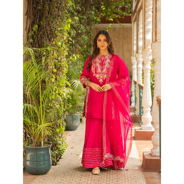 Ajiesh Oberoi Rani Pink Straight Short Kurta and Sharara with Dupatta (Set of 3)