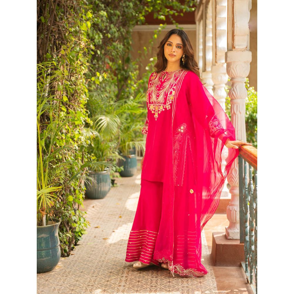 Ajiesh Oberoi Rani Pink Straight Short Kurta and Sharara with Dupatta (Set of 3)