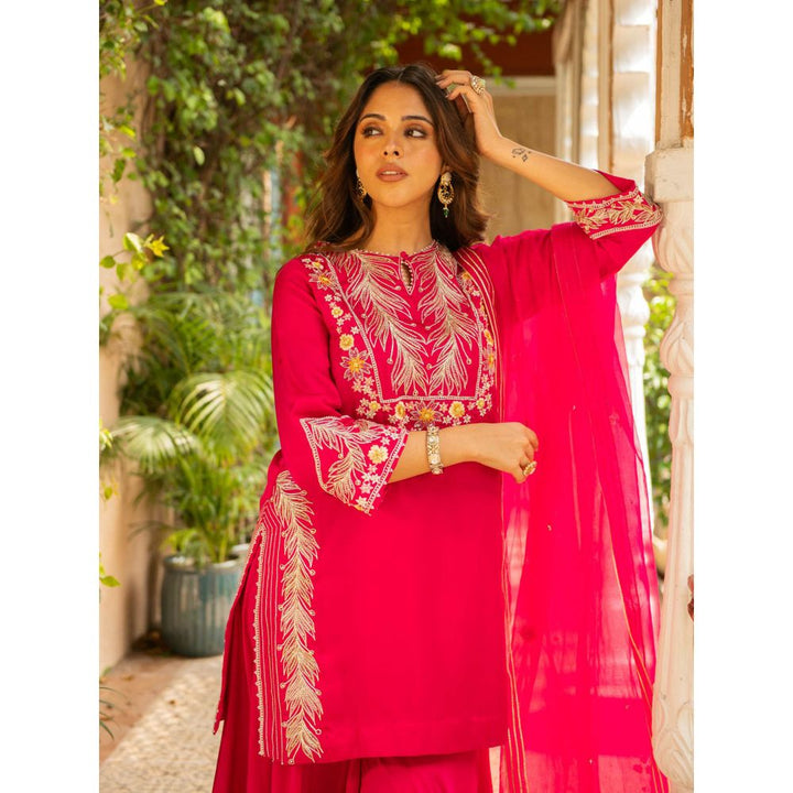 Ajiesh Oberoi Rani Pink Straight Short Kurta and Sharara with Dupatta (Set of 3)