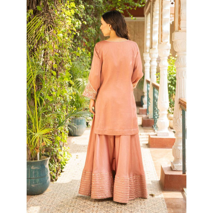 Ajiesh Oberoi Rani Old Rose Straight Short Kurta and Sharara with Dupatta (Set of 3)