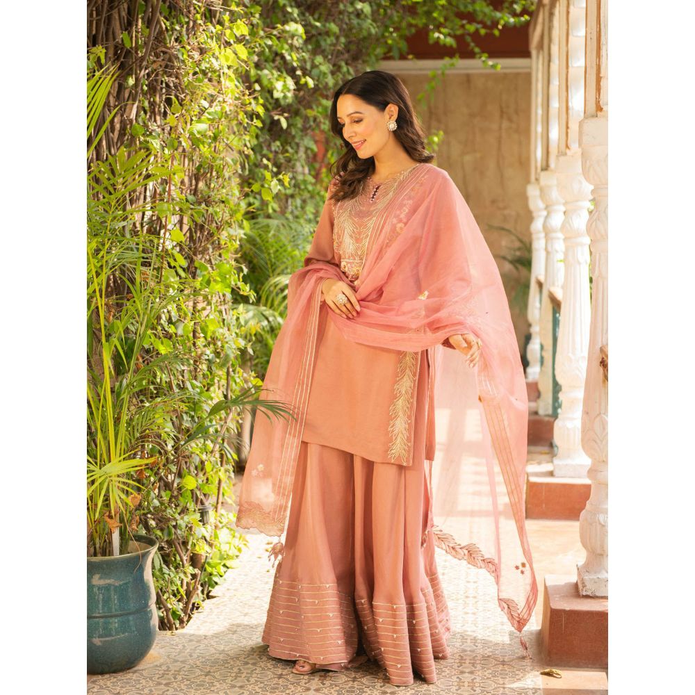 Ajiesh Oberoi Rani Old Rose Straight Short Kurta and Sharara with Dupatta (Set of 3)