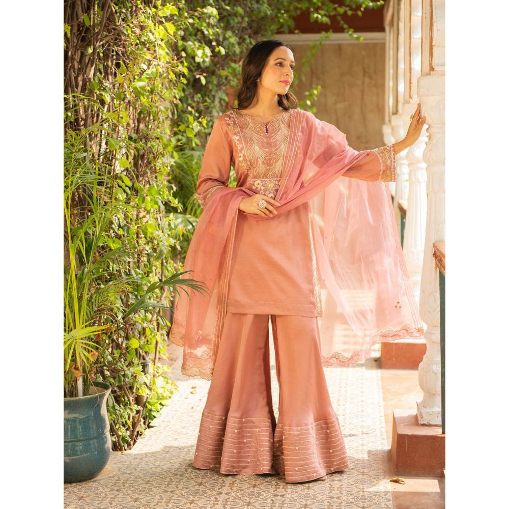 Ajiesh Oberoi Rani Old Rose Straight Short Kurta and Sharara with Dupatta (Set of 3)