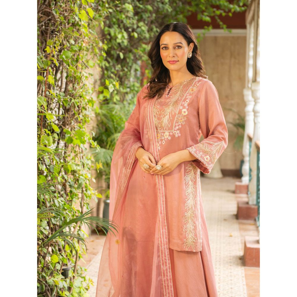 Ajiesh Oberoi Rani Old Rose Straight Short Kurta and Sharara with Dupatta (Set of 3)