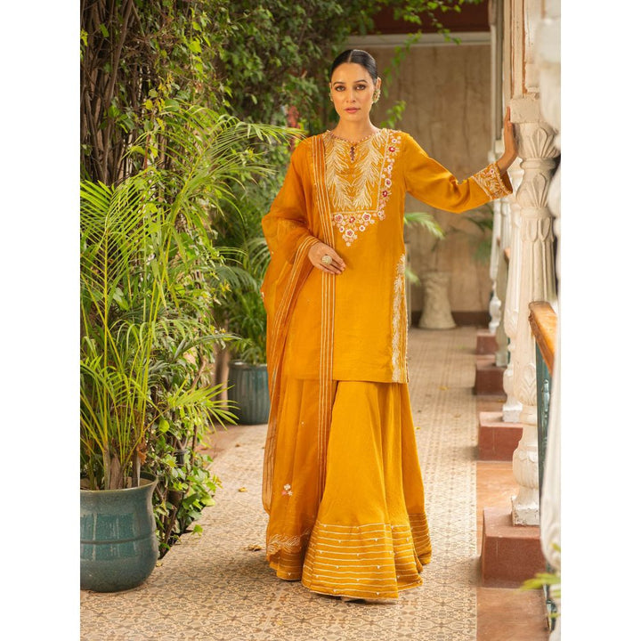 Ajiesh Oberoi Rani Mustard Straight Short Kurta and Sharara with Dupatta (Set of 3)