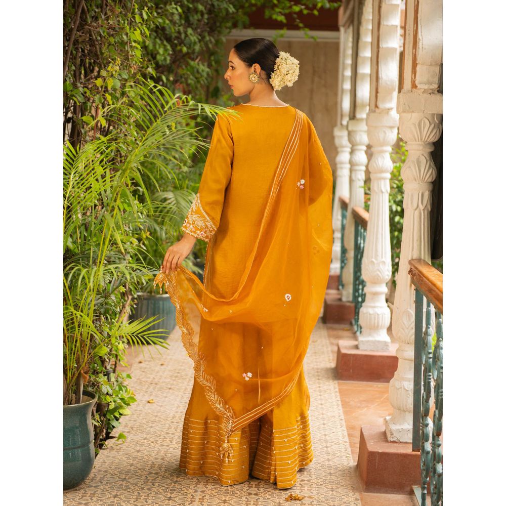 Ajiesh Oberoi Rani Mustard Straight Short Kurta and Sharara with Dupatta (Set of 3)